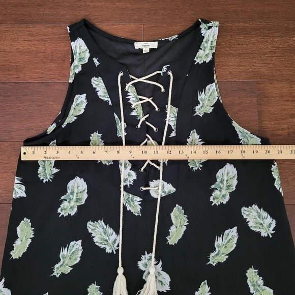 Entro Black Tropical Leaf Print Sleeveless Front Tie A-Line Summer Dress Size L - Picture 7 of 8